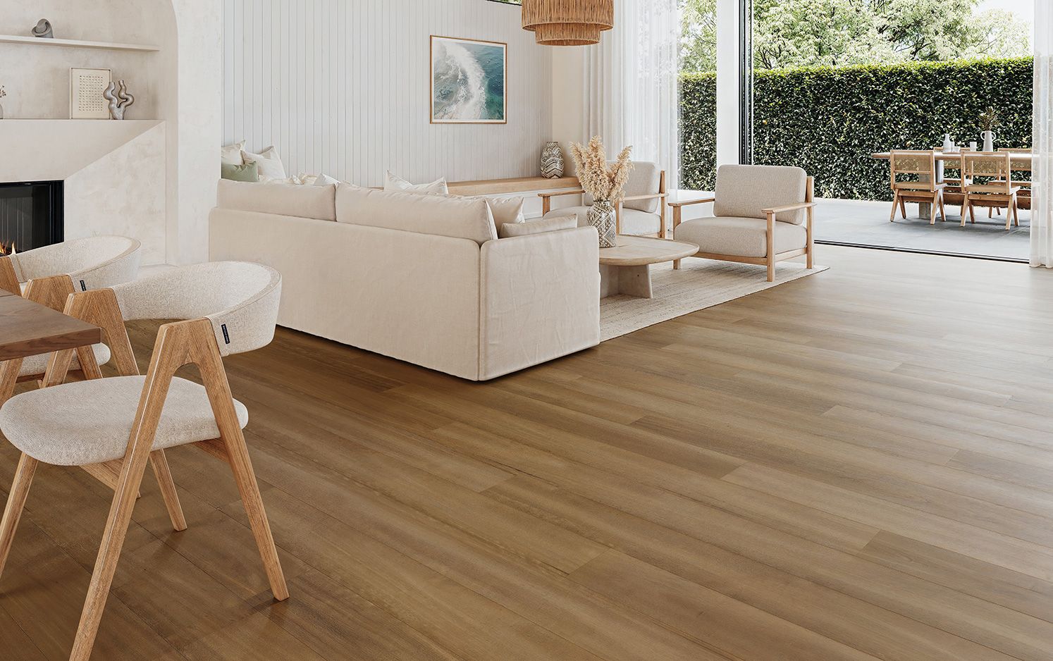 Saddleback Spotted Gum luxury vinyl planks across a bright contemporary living space